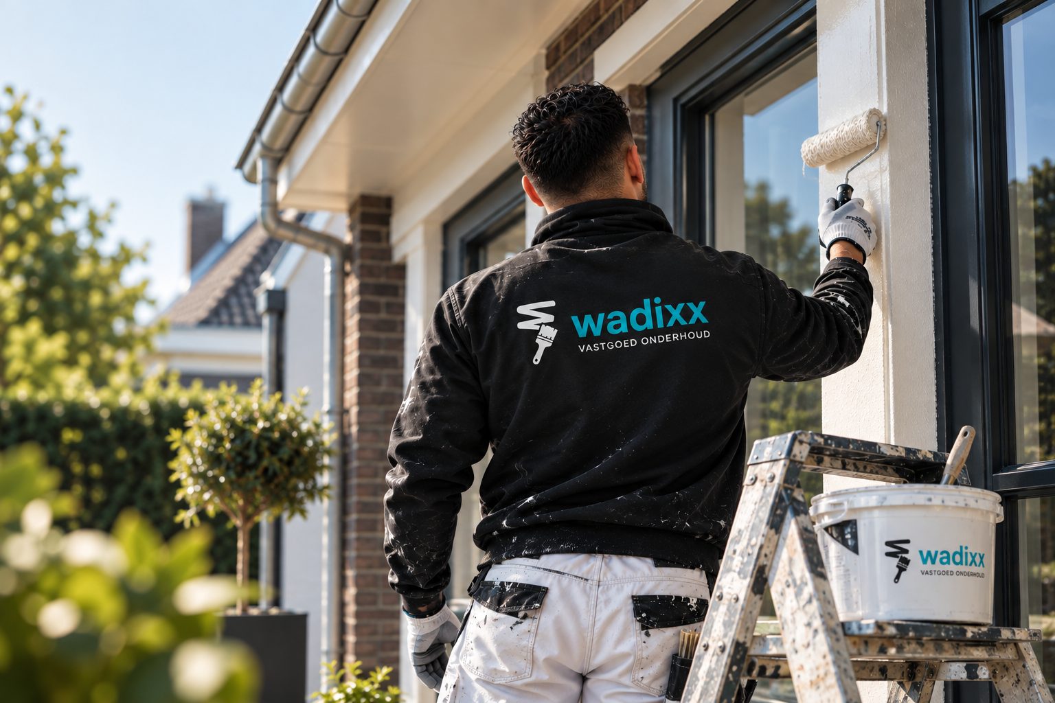 Schilder van Wadixx rolt het buitenkozijn van een vrijstaande woning, met trapje en verfemmer